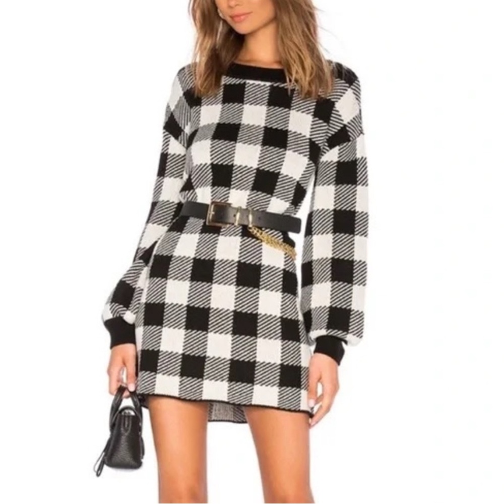 LPA Revolve Floyd Buffalo Plaid Sweater Dress in Black & Ivory
